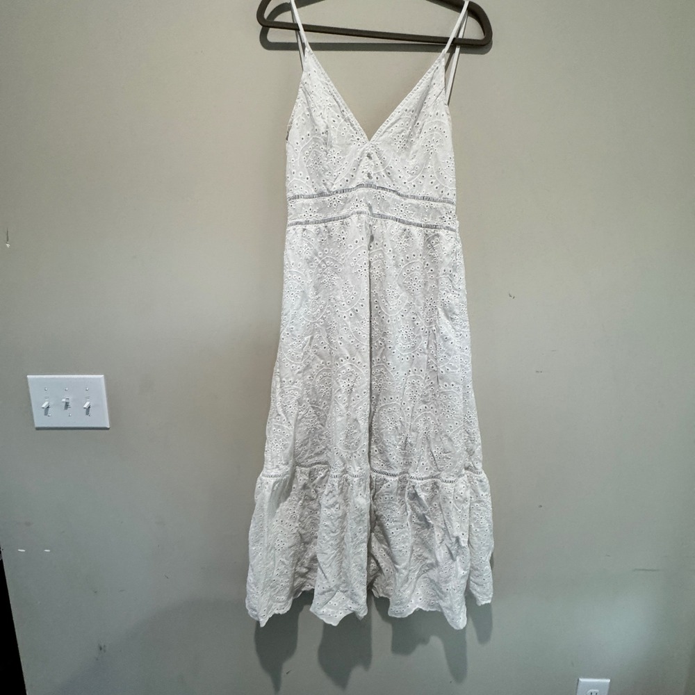 Simplee Eyelet Maxi Dress Womens XL White Cotton Boho Coastal Romantic Slit Hem - Picture 1 of 9